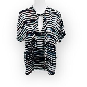 TOWNSEN Striped Tie-Neck Short Sleeve Silk Blend Top Women’s Size M